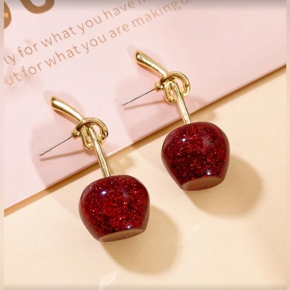 ✨NEW Glittering Red Apple sparkle Cherry gold Dangle hypoallergenic Earrings - Picture 3 of 5